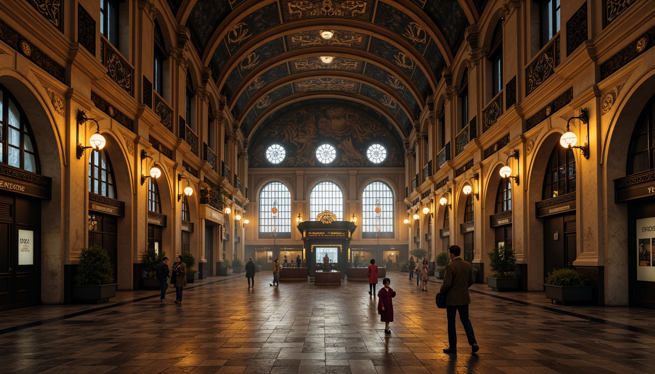 Prompt: Grandiose metro station, vaulted ceilings, ribbed arches, ornate carvings, stained glass windows, intricate mosaics, dark stone walls, polished marble floors, metallic accents, industrial lighting fixtures, dramatic shadows, warm golden illumination, atmospheric fog effects, cinematic composition, symmetrical framing, rich textures, detailed normal maps.