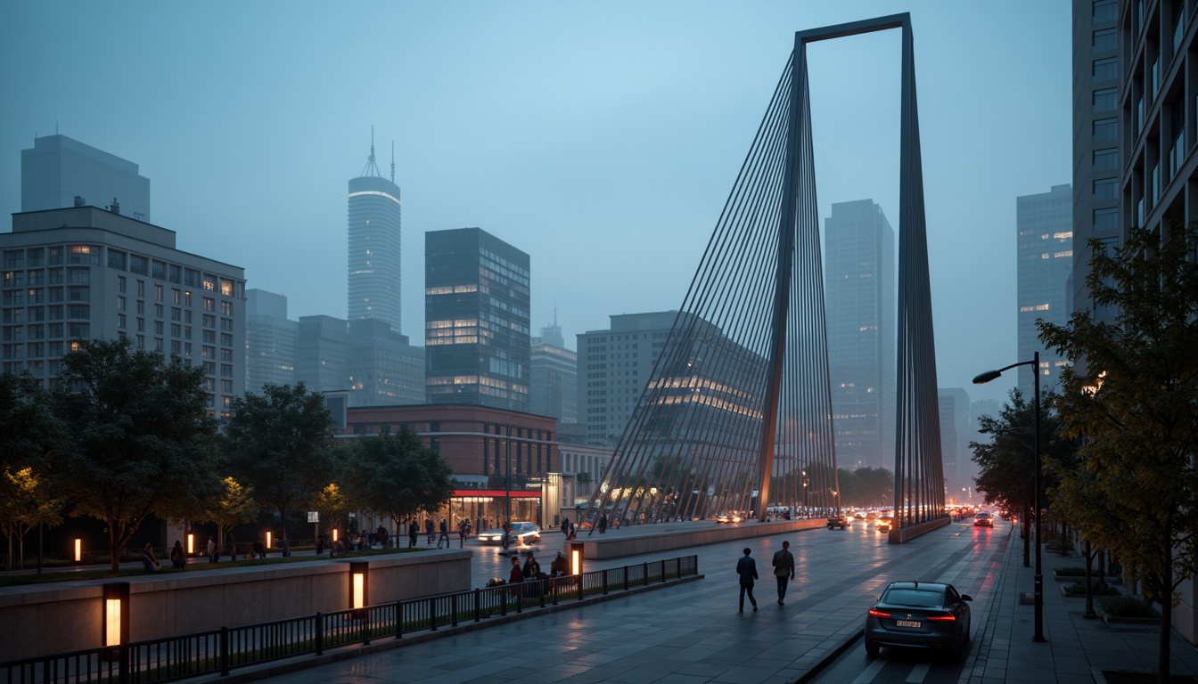 Prompt: Sleek pedestrian bridge, modernist architecture, minimalist design, clean lines, geometric shapes, steel beams, cable-stayed structure, suspension system, cantilevered sections, asymmetrical composition, urban landscape, city skyline, busy streets, vibrant streetlights, misty evening atmosphere, soft warm lighting, shallow depth of field, 1/2 composition, low-angle shot, realistic textures, ambient occlusion.