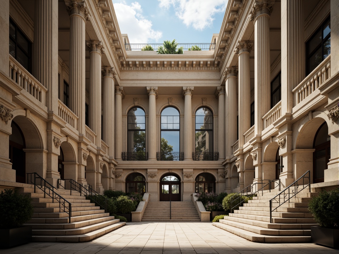 Prompt: Grandiose neoclassical building, symmetrical facade, ornate columns, carved stone details, imposing entrance, sweeping staircases, elegant archways, refined moldings, subtle color palette, natural light pouring through tall windows, dramatic shadows, precise 1/1 composition, central axis alignment, bilateral symmetry, classical orders, rusticated base, pedimented roof, ornamental balustrades, majestic proportions, serene atmosphere, soft warm lighting, high contrast ratio.