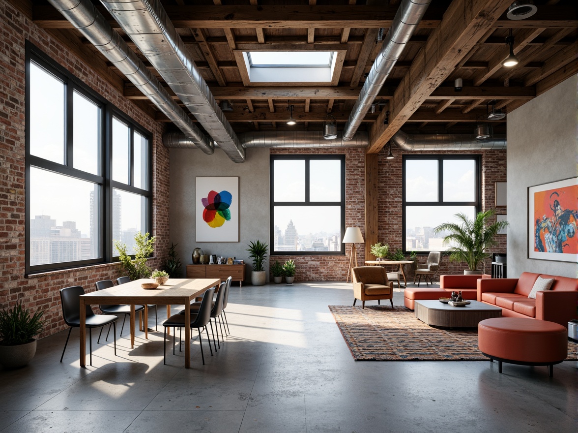 Prompt: Exposed ductwork, industrial pipes, reclaimed wood accents, metal beams, concrete floors, brick walls, large windows, skylights, open floor plans, minimalist decor, functional spaces, eclectic furniture, vintage decorative items, bold color schemes, abstract artwork, urban cityscape views, soft natural lighting, shallow depth of field, 1/1 composition, realistic textures, ambient occlusion.