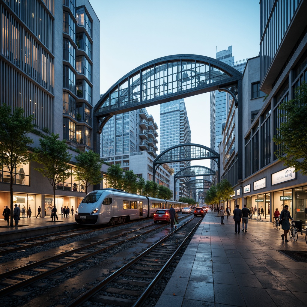 Prompt: Futuristic train station, sleek metal framework, curved glass roofs, translucent canopies, solar panels, green roofs, eco-friendly materials, innovative cooling systems, misting systems, angular lines, minimalist design, modern architecture, urban landscape, bustling city streets, vibrant neon lights, rainy day, shallow depth of field, 3/4 composition, panoramic view, realistic textures, ambient occlusion.