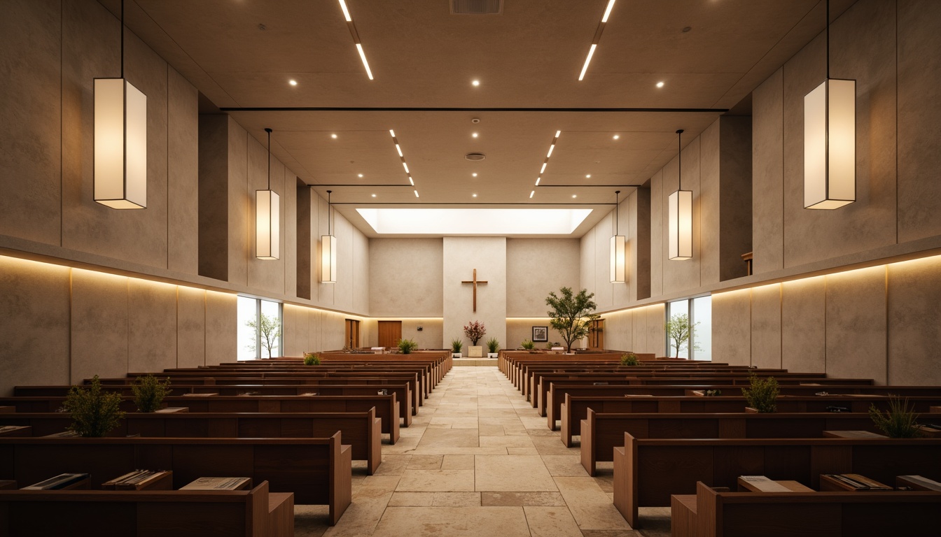 Prompt: Minimalist church interior, sleek modern architecture, clean lines, monochromatic color scheme, subtle ambient lighting, warm LED strips, recessed ceiling lights, suspended pendant lamps, polished chrome fixtures, frosted glass diffusers, natural stone flooring, wooden pews, stained glass windows, soft warm glow, 1/1 composition, shallow depth of field, realistic textures, ambient occlusion.