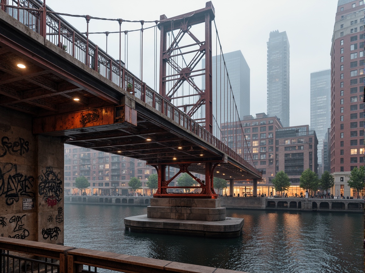 Prompt: Rustic steel bridges, eclectic mix of materials, industrial concrete piers, wooden decking, ornate metal railings, vibrant graffiti, urban cityscape, misty morning atmosphere, soft warm lighting, shallow depth of field, 1/2 composition, realistic textures, ambient occlusion, intricate stonework, distressed finishes, reclaimed wood accents, dynamic diagonal lines, futuristic LED lighting, bustling pedestrian traffic, scenic river views.