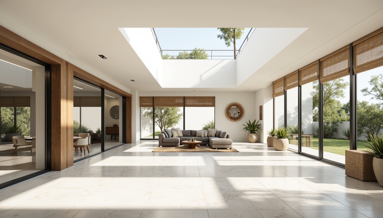 Prompt: Spacious open-plan interior, floor-to-ceiling windows, sliding glass doors, minimal obstructions, reflective surfaces, polished marble floors, bright white walls, clerestory windows, skylights, solar tubes, natural textiles, woven bamboo shades, sheer curtains, airy atmosphere, warm sunny day, soft diffused lighting, high contrast ratio, 1/1 composition, realistic renderings, ambient occlusion.