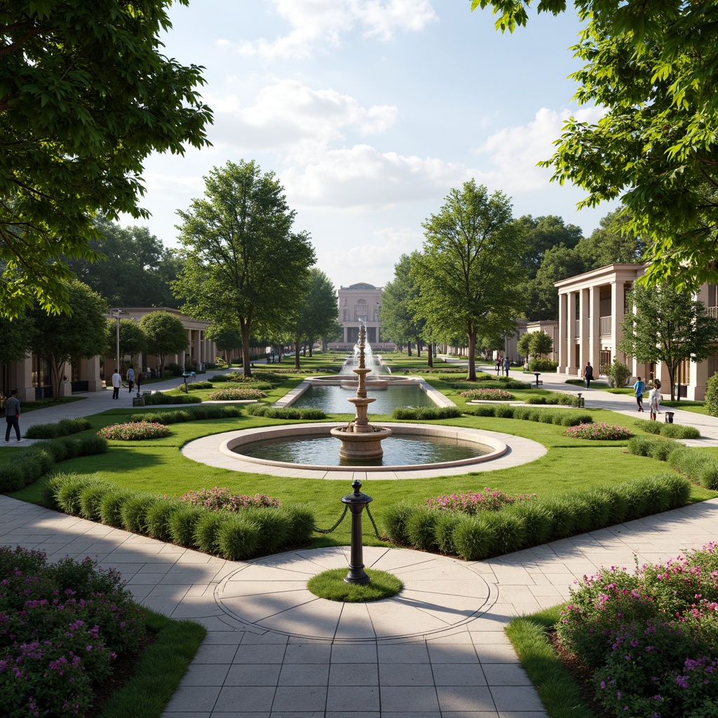 Prompt: Manicured lawns, ornate fountains, symmetrical gardens, majestic trees, walking paths, stone statues, classical columns, ornamental hedges, vibrant flower beds, tranquil ponds, serene water features, elegant street lamps, refined benches, harmonious color palette, soft natural lighting, 1/1 composition, realistic textures, ambient occlusion.