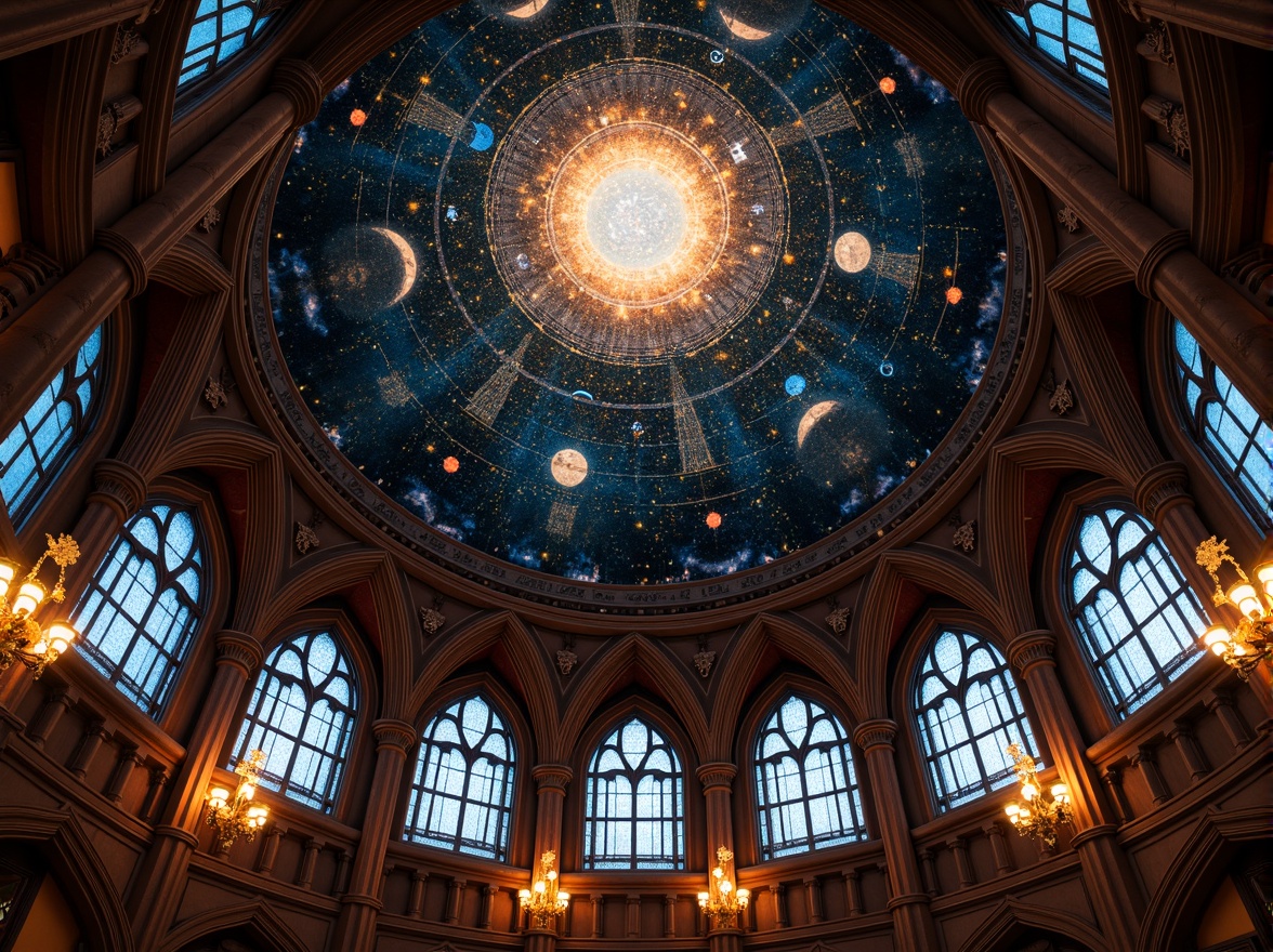 Prompt: Celestial planetarium dome, intricate gothic arches, ornate stone carvings, stained glass windows, vibrant astronomical patterns, starry night sky, majestic vaulted ceilings, grandiose chandeliers, luxurious velvet drapes, mystical ambiance, soft ethereal lighting, dramatic shadows, 1/1 composition, symmetrical framing, realistic textures, ambient occlusion, innovative roofing systems, solar panels integration, green roofs, eco-friendly materials, futuristic architectural details.