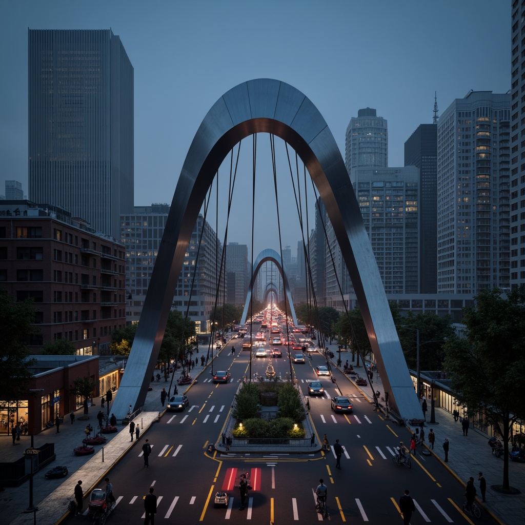 Prompt: Curved bridge silhouette, dynamic sculptural forms, metallic materials, reflective surfaces, urban cityscape, busy traffic flow, pedestrian walkways, cyclist paths, modern architectural style, abstract geometric patterns, LED lighting systems, nighttime illumination, misty atmospheric effects, shallow depth of field, 1/1 composition, symmetrical framing, realistic textures, ambient occlusion.