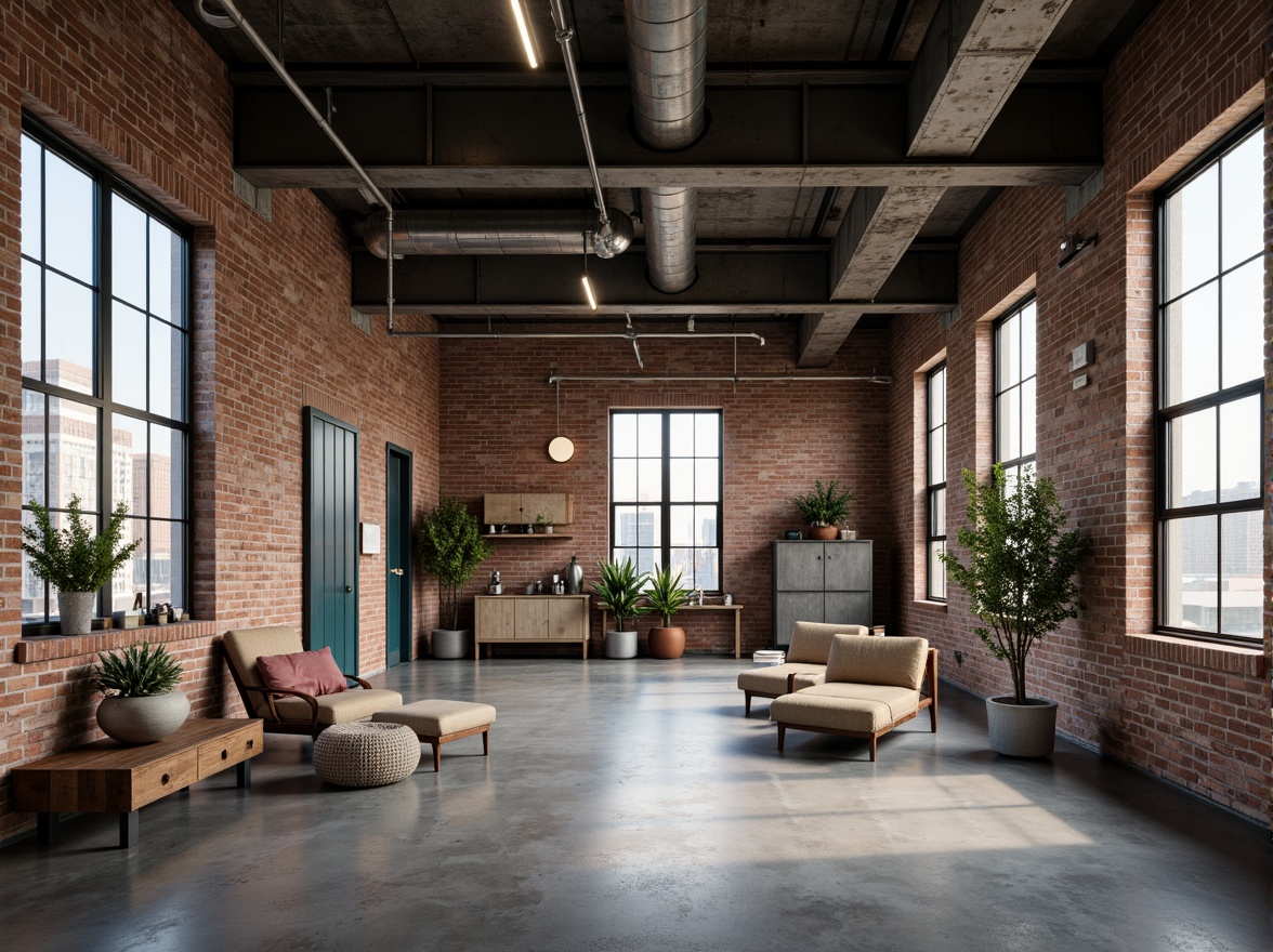 Prompt: Exposed brick walls, metal beams, industrial pipes, concrete floors, reclaimed wood accents, urban cityscape views, functional lighting fixtures, minimalist decor, neutral color scheme, weathered steel tones, distressed finishes, earthy brown hues, deep blue undertones, warm beige highlights, softbox lighting, shallow depth of field, 2/3 composition, realistic textures, ambient occlusion.