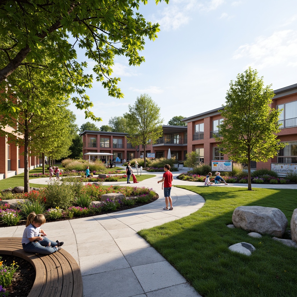 Prompt: Vibrant elementary school campus, lush green roofs, blooming flower gardens, natural stone walkways, wooden benches, educational signage, interactive outdoor classrooms, butterfly-friendly plants, birdhouses, rainwater harvesting systems, eco-friendly materials, modern architecture, large windows, sliding glass doors, abundant natural light, soft warm lighting, shallow depth of field, 3/4 composition, panoramic view, realistic textures, ambient occlusion.