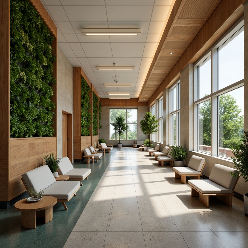 Prompt: Calming hospital interior, natural materials, reclaimed wood accents, living green walls, soothing color palette, organic textures, eco-friendly flooring, bamboo surfaces, energy-efficient lighting, minimalist decor, circular waiting areas, comfortable seating, acoustic panels, sound-absorbing materials, peaceful ambiance, warm task lighting, 1/1 composition, shallow depth of field, realistic reflections.