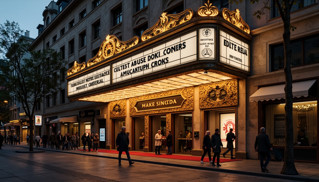 Prompt: Ornate cinema facade, vintage signage, decorative cornices, grand entranceways, red carpeting, golden accents, intricate moldings, ornamental columns, cinematic lighting, warm color palette, nostalgic atmosphere, urban cityscape, bustling streets, evening ambiance, soft focus, shallow depth of field, 1/2 composition, cinematic framing, realistic textures, ambient occlusion.