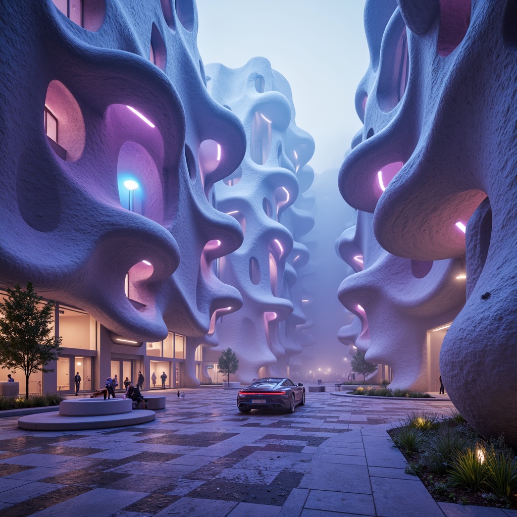 Prompt: Organic blob-like structures, futuristic architecture, iridescent colors, glowing accents, undulating curves, amoeba-inspired shapes, translucent materials, ethereal ambiance, soft pulsing lights, misty atmosphere, eerie soundscapes, 3D-printed components, parametric design, algorithmic patterns, fractal geometries, biomimetic forms, sustainable energy harvesting, self-healing materials, adaptive structures, responsive environments, immersive experiences, panoramic views, cinematic lighting, shallow depth of field.