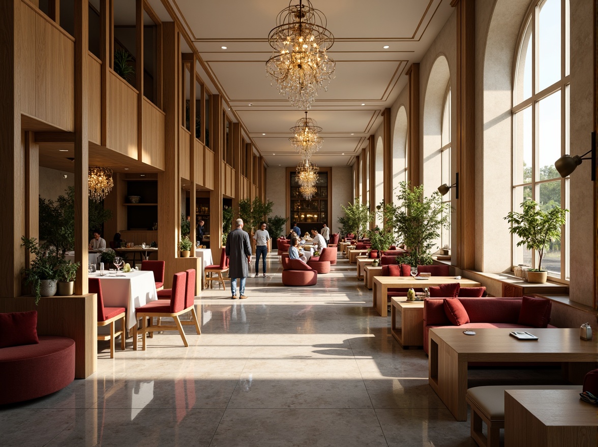 Prompt: Elegant dining hall, luxurious chandeliers, rich wood tones, warm beige walls, soft cream accents, velvety red upholstery, golden metallic fixtures, sophisticated gray marble floors, lavish greenery, natural light pouring in, airy atmosphere, shallow depth of field, 1/1 composition, realistic textures, ambient occlusion.