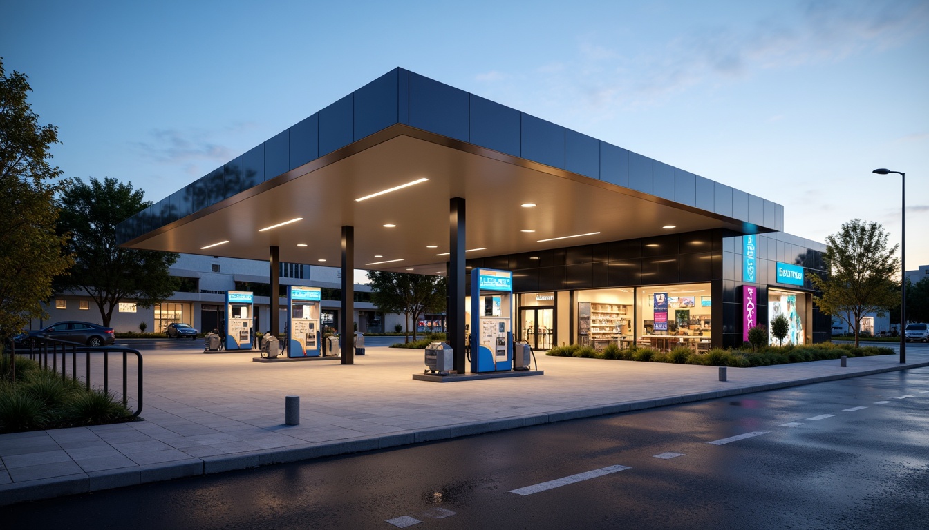 Prompt: Modern gas station, sleek metal canopy, LED lighting, futuristic fuel pumps, angular lines, minimalist design, spacious forecourt, asphalt pavement, urban landscape, busy street scene, morning sunlight, soft warm glow, shallow depth of field, 3/4 composition, panoramic view, realistic textures, ambient occlusion, convenient store entrance, large windows, glass doors, vibrant advertising signs, efficient customer flow, easy parking access, wheelchair accessibility, safety cameras, nighttime security lighting.