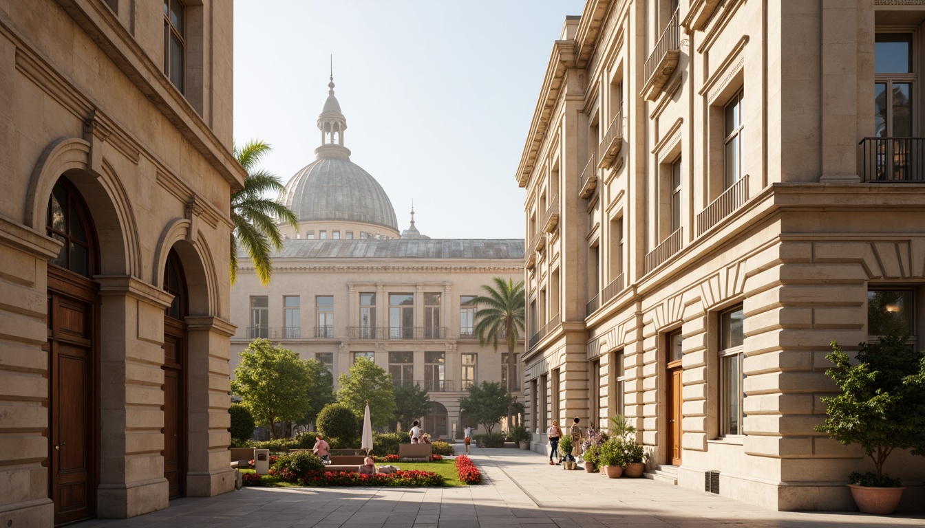 Prompt: Elegant classical buildings, ornate details, neutral beige tones, soft creamy whites, rich warm grays, subtle earthy browns, muted terracotta reds, calming blue-greens, intricate moldings, ornamental columns, grandiose archways, refined stucco textures, subtle weathered effects, warm golden lighting, shallow depth of field, 1/1 composition, realistic renderings, ambient occlusion.