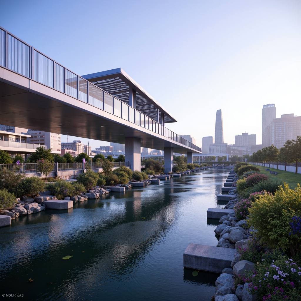 Prompt: Lavender blue pedestrian bridge, sleek modern architecture, curved lines, stainless steel railings, glass floors, transparent canopies, soft warm lighting, misty morning atmosphere, serene urban landscape, vibrant city skyline, lush greenery, blooming flowers, natural stone piers, gentle water flow, shallow depth of field, 1/2 composition, realistic textures, ambient occlusion.