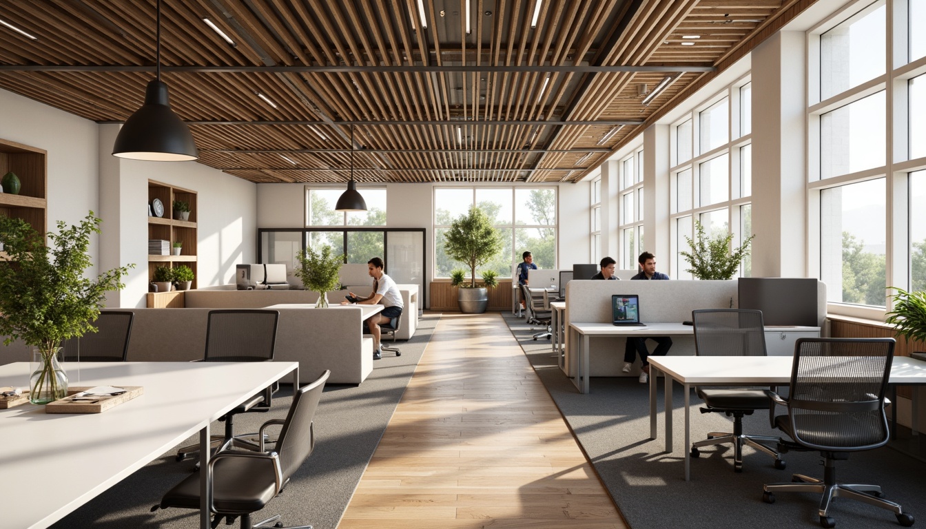 Prompt: Functional office space, modern minimalist decor, sleek metal furniture, ergonomic chairs, spacious workstations, collaborative meeting areas, acoustic panels, natural wood accents, floor-to-ceiling windows, abundant natural light, soft warm lighting, 1/1 composition, shallow depth of field, realistic textures, ambient occlusion.