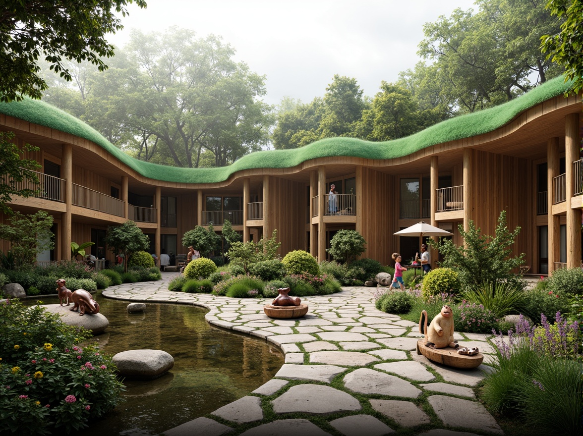 Prompt: Whimsical zoo entrance, undulating organic forms, vibrant green roofs, wavy wooden structures, natural stone walls, playful animal sculptures, meandering pathways, lush tropical plants, exotic flowers, misty atmosphere, soft warm lighting, shallow depth of field, 1/1 composition, panoramic view, realistic textures, ambient occlusion, futuristic biomimicry elements, curved lines, irregular shapes, earthy color palette, natural ventilation systems, eco-friendly materials, innovative water features.