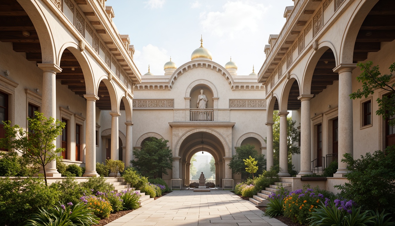 Prompt: Grand monastery entrance, symmetrical facade, neoclassical columns, ornate carvings, golden domes, intricate stone patterns, serene courtyard, lush greenery, vibrant flowers, peaceful ambiance, soft natural lighting, shallow depth of field, 1/1 composition, central axis symmetry, harmonious proportions, elegant archways, refined stucco walls, subtle color palette, warm beige tones, ornate metalwork, devotional statues, mystical atmosphere, morning mist, gentle sunlight.