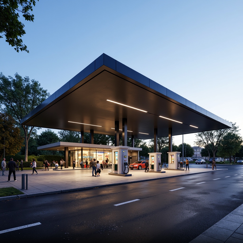 Prompt: Modern gas station, sleek metal canopy, LED lighting, futuristic fuel pumps, angular lines, minimalist design, spacious forecourt, asphalt pavement, urban landscape, busy street scene, morning sunlight, soft warm glow, shallow depth of field, 3/4 composition, panoramic view, realistic textures, ambient occlusion, convenient store entrance, large windows, glass doors, vibrant advertising signs, efficient customer flow, easy parking access, wheelchair accessibility, safety cameras, nighttime security lighting.