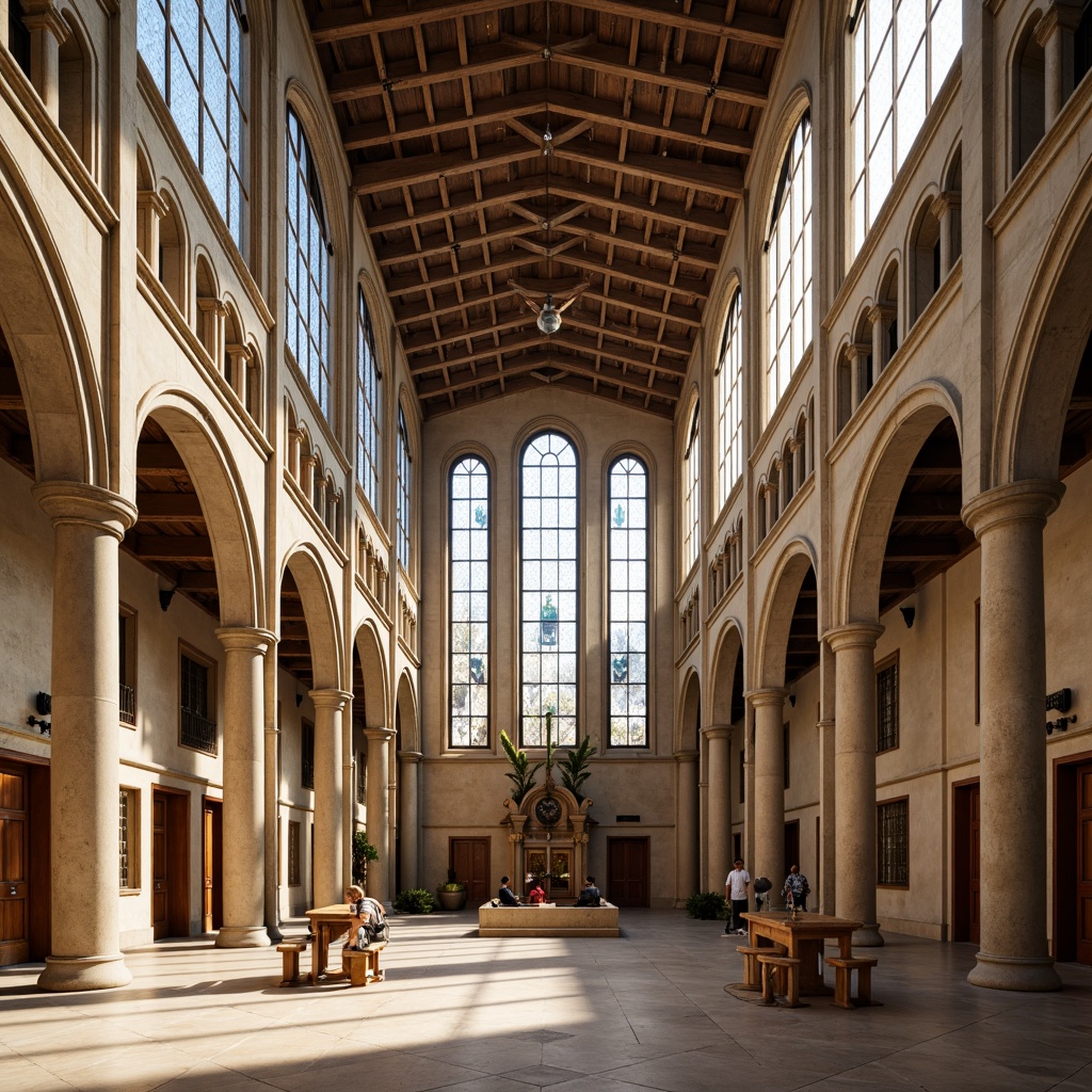 Prompt: Grand Romanesque cathedral, ornate stone carvings, stained glass windows, high ceilings, clerestory lighting, arched doorways, rustic wooden doors, intricate frescoes, vaulted roofs, natural stone flooring, warm beige tones, soft diffused light, indirect sunlight, 1/1 composition, symmetrical framing, subtle shadows, ambient occlusion, realistic textures.