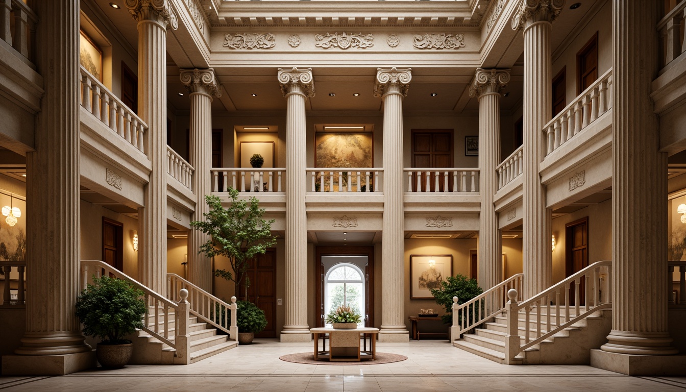 Prompt: Grandiose research center, neoclassical facade, ornate columns, carved stone details, symmetrical composition, grand entrance, sweeping staircases, elegant balustrades, refined wood paneling, luxurious chandeliers, subtle warm lighting, soft focus, shallow depth of field, 2/3 composition, panoramic view, realistic textures, ambient occlusion.