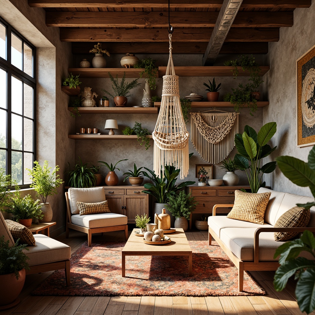 Prompt: Vibrant eclectic interior, reclaimed wood accents, natural stone walls, earthy color palette, woven textiles, rattan furniture, macrame details, potted plants, industrial metal beams, exposed brick, distressed finishes, warm ambient lighting, soft shadows, 1/1 composition, shallow depth of field, realistic textures, ambient occlusion.