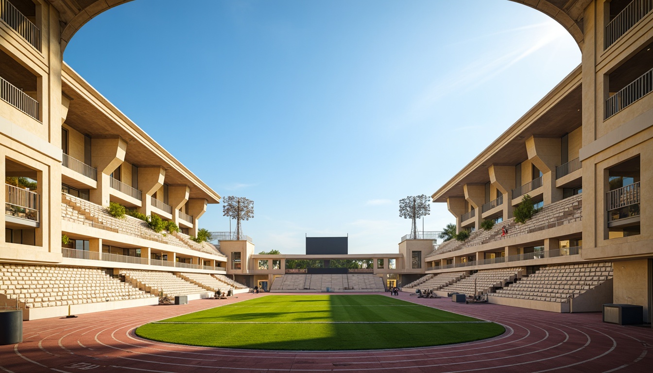 Prompt: Grandiose stadium architecture, neoclassical columns, ornate facades, marble flooring, golden accents, rich wood tones, cream-colored walls, soft beige seating, vibrant green turf, athletic track lanes, modern floodlights, clear blue sky, warm sunny day, shallow depth of field, 3/4 composition, panoramic view, realistic textures, ambient occlusion.