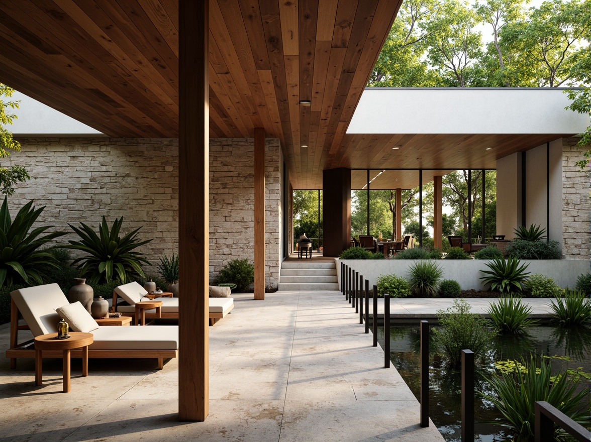 Prompt: Rustic stone walls, smooth wooden accents, rough-hewn granite floors, sleek metal railings, vibrant greenery, natural light pouring through clerestory windows, modern minimalist architecture, bold geometric shapes, contrasting textures, earthy color palette, warm ambient lighting, shallow depth of field, 1/1 composition, realistic render, atmospheric perspective.