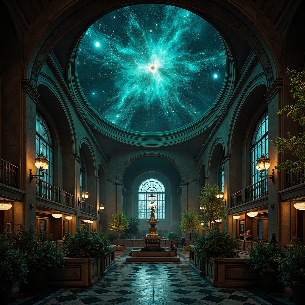 Prompt: Dark mysterious planetarium, gothic arches, celestial bodies, starry night sky, rich jewel-toned colors, emerald green, sapphire blue, amethyst purple, gold accents, intricate stone carvings, ornate metalwork, stained glass windows, grandiose chandeliers, mystical ambiance, soft ethereal lighting, dramatic shadows, 1/1 composition, symmetrical framing, high contrast ratio, cinematic atmosphere.