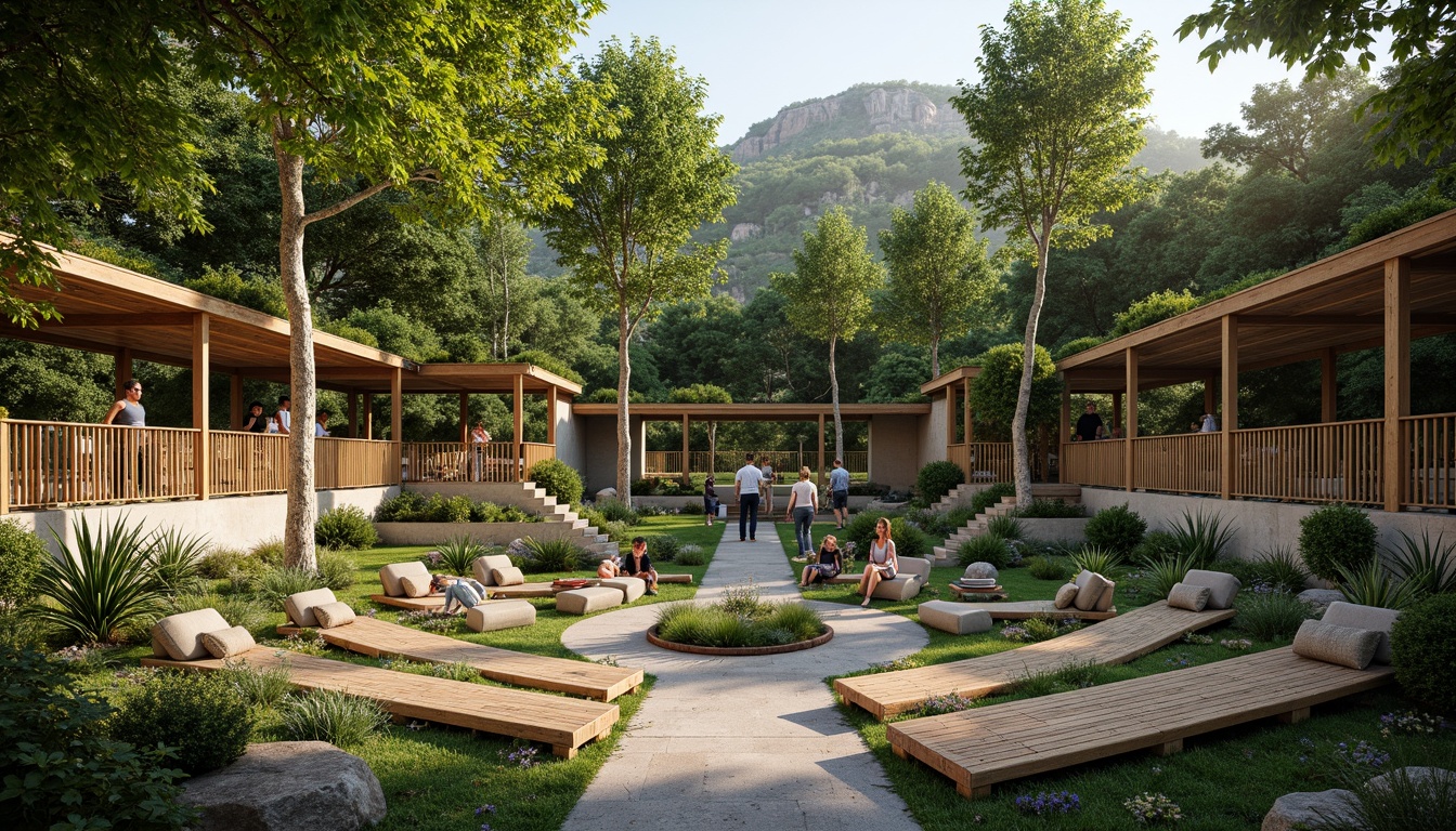 Prompt: Natural amphitheater setting, lush greenery, reclaimed wood seating, living roofs, rainwater harvesting systems, solar-powered lighting, recycled metal structures, low-carbon concrete foundations, bamboo railings, organic textures, earthy color palette, soft warm lighting, shallow depth of field, 3/4 composition, panoramic view, realistic renderings, ambient occlusion.