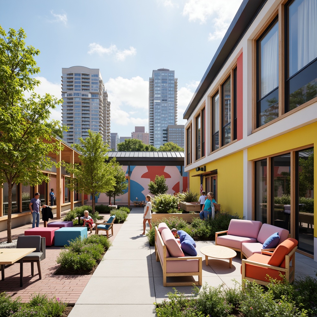 Prompt: Vibrant community center, bold color blocking, pastel hues, neutral backgrounds, natural wood accents, industrial metal frames, large windows, sliding glass doors, urban cityscape, modern architecture, geometric patterns, abstract murals, cozy seating areas, lush green roofs, solar panels, eco-friendly materials, minimalist decor, soft warm lighting, shallow depth of field, 3/4 composition, realistic textures, ambient occlusion.