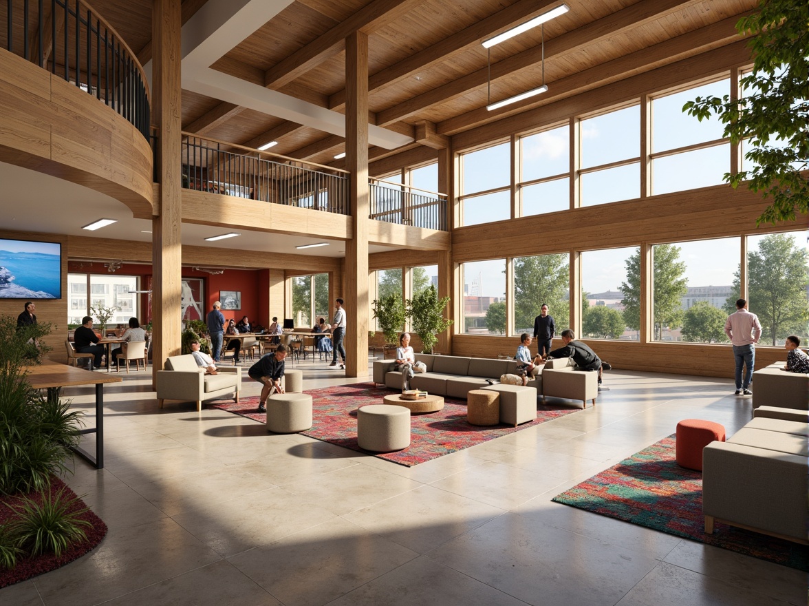 Prompt: Vibrant community center, open floor plans, natural light pouring in, wooden accents, comfortable seating areas, collaborative workspaces, interactive exhibits, digital displays, flexible partitions, movable furniture, colorful rugs, lively atmosphere, warm lighting, shallow depth of field, 1/1 composition, panoramic view, realistic textures, ambient occlusion.