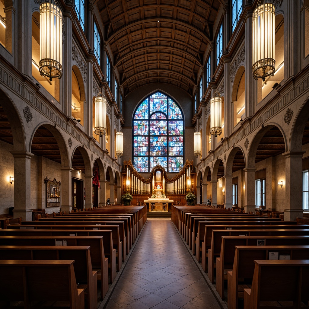 Prompt: Vaulted ceilings, stained glass windows, grandiose chandeliers, ornate wooden pews, intricate stone carvings, fusion of modern minimalism, sleek metal accents, warm ambient lighting, soft natural textures, sacred symbols, vibrant frescoes, majestic pipe organs, elegant archways, solemn atmosphere, dramatic verticality, 1/1 composition, high contrast ratio, realistic reflections, subtle color grading.