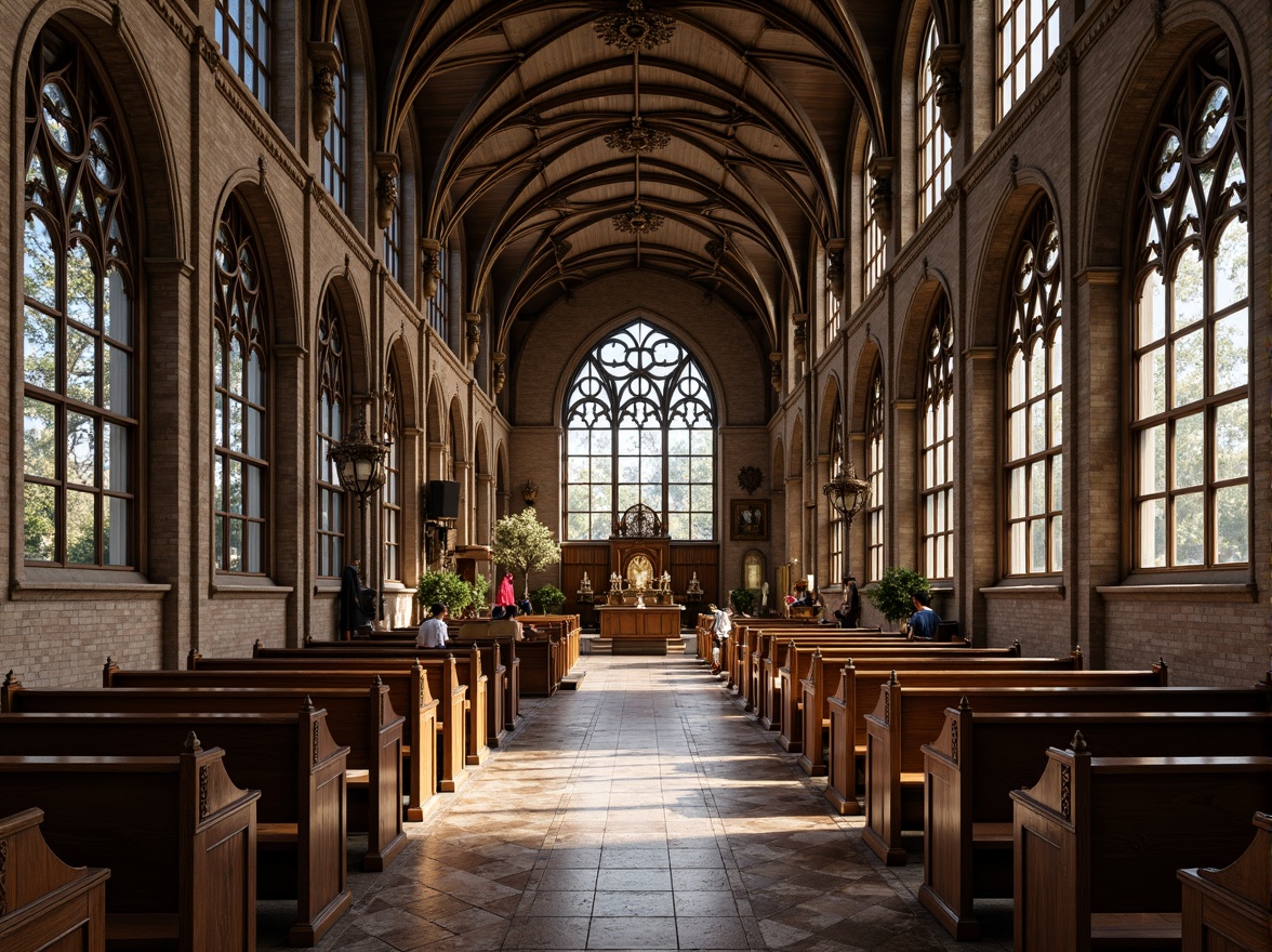 Prompt: Intricate stone carvings, ornate wooden pews, stained glass windows, grandiose vaulted ceilings, rustic brick walls, weathered copper roofing, intricate marble flooring, lavish golden ornaments, mystical ambiance, soft warm lighting, dramatic shadows, 1/1 composition, symmetrical framing, realistic textures, ambient occlusion, fusion of modern minimalism and ancient Gothic Revival styles.