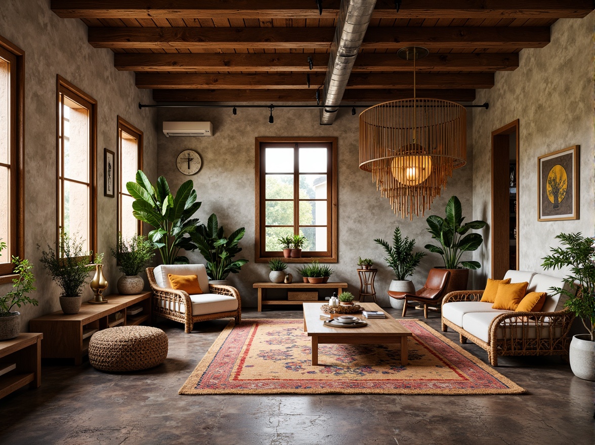 Prompt: Vibrant eclectic interior, reclaimed wood accents, natural stone walls, earthy color palette, woven textiles, rattan furniture, macrame details, potted plants, industrial metal beams, exposed brick, distressed finishes, warm ambient lighting, soft shadows, 1/1 composition, shallow depth of field, realistic textures, ambient occlusion.