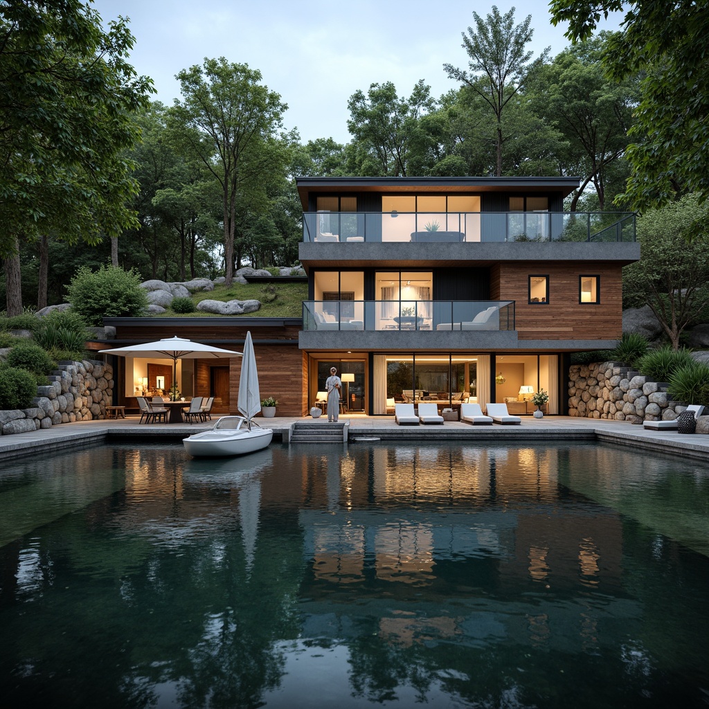 Prompt: Scenic lakefront, serene water reflections, lush greenery, wooden docks, sailboats, modern lakehouse architecture, large windows, sliding glass doors, natural stone walls, rustic wood accents, cozy outdoor seating areas, warm string lighting, shallow depth of field, 3/4 composition, panoramic view, realistic textures, ambient occlusion.