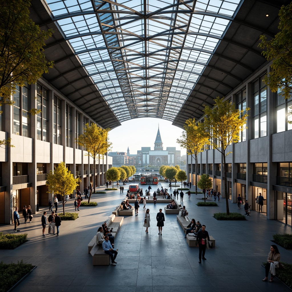 Prompt: Vibrant train station, large glass roofs, clerestory windows, transparent canopies, open atriums, minimalist columns, sleek metal beams, polished concrete floors, modern architecture, abundant natural light, soft warm ambiance, shallow depth of field, 3/4 composition, panoramic view, realistic textures, ambient occlusion, bustling atmosphere, rush hour scenes, urban landscape, city skyline, morning sunlight, afternoon glow, evening twilight.