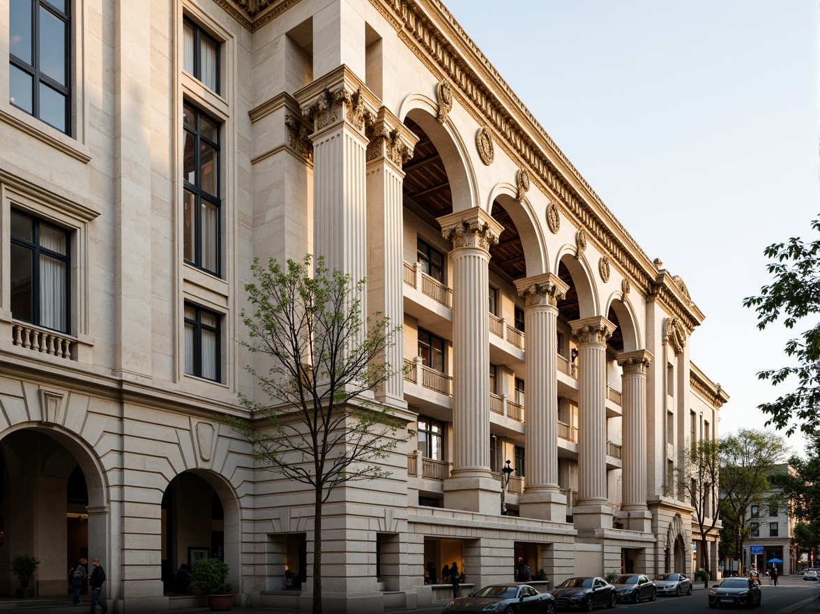 Prompt: Grandiose neoclassical building, ornate facade details, Corinthian columns, symmetrical composition, elegant arches, intricate carvings, ornamental moldings, luxurious marble materials, subtle cream colors, soft golden lighting, shallow depth of field, 1/1 composition, realistic textures, ambient occlusion, urban cityscape, busy streets, historic landmarks, vibrant cultural atmosphere.