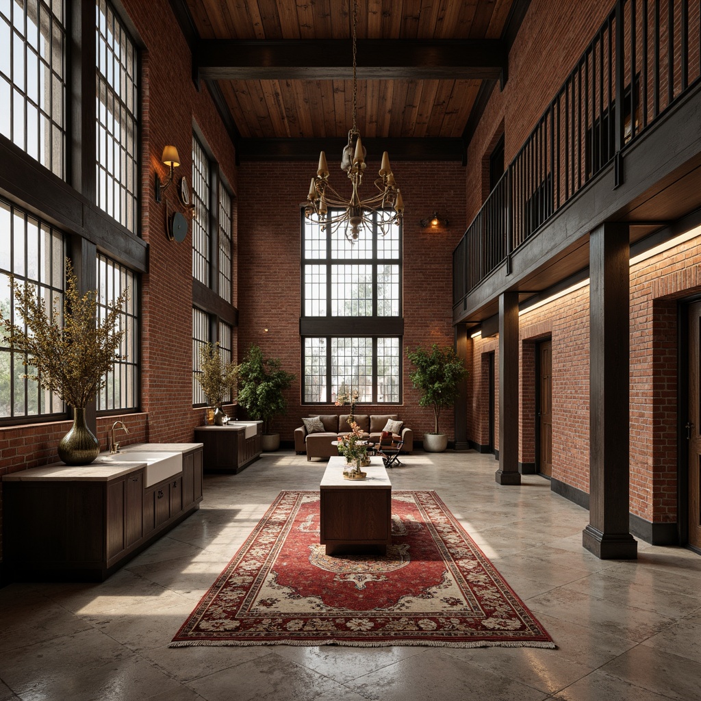 Prompt: Rustic stone walls, weathered wooden accents, metallic grids, industrial pipes, distressed concrete floors, reclaimed wood beams, exposed brick facades, ornate metal railings, lavish marble countertops, richly patterned rugs, warm ambient lighting, shallow depth of field, 3/4 composition, realistic textures, ambient occlusion.