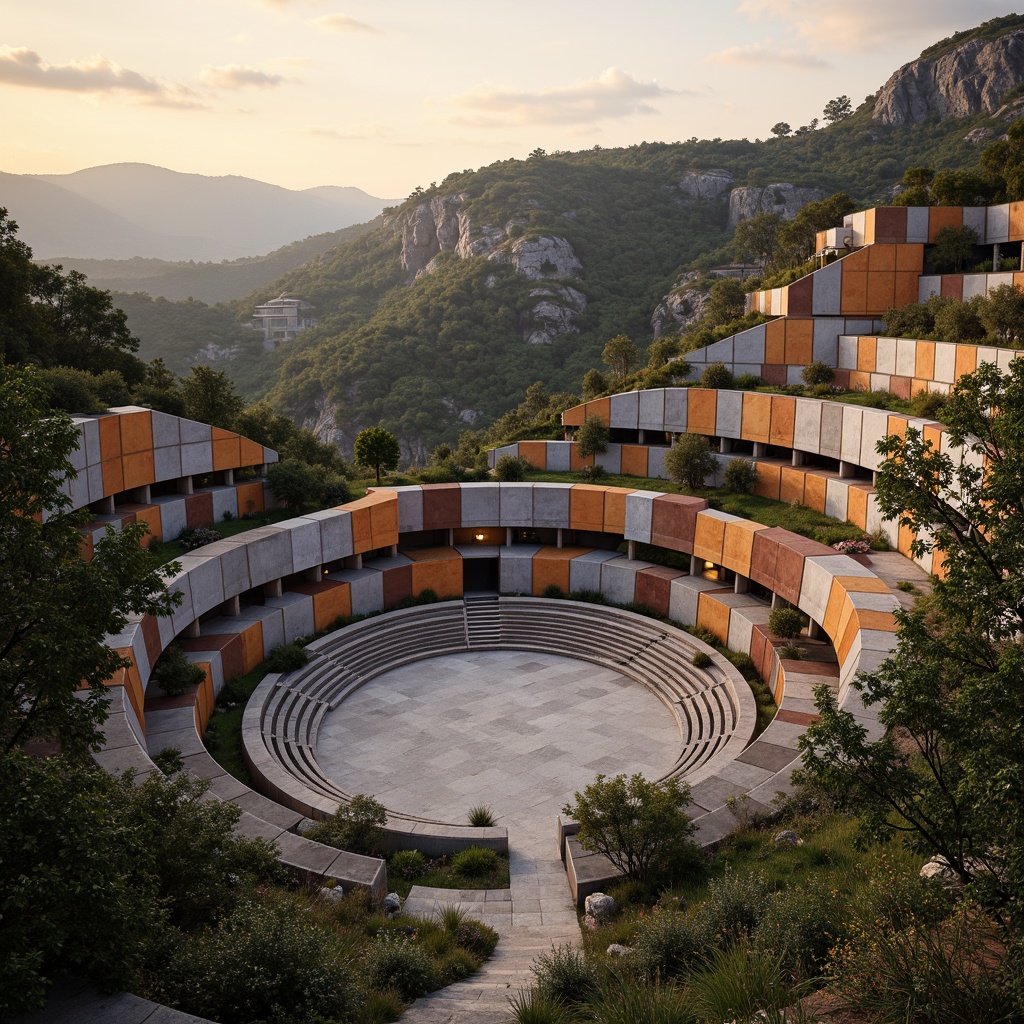 Prompt: Grand amphitheater, postmodern architecture, irregular shapes, fragmented forms, bold colors, eclectic materials, rugged stone walls, distressed wood accents, undulating terrain, lush greenery, meandering pathways, scenic overlooks, dramatic lighting, warm sunset glow, shallow depth of field, 1/2 composition, cinematic view, realistic textures, ambient occlusion.