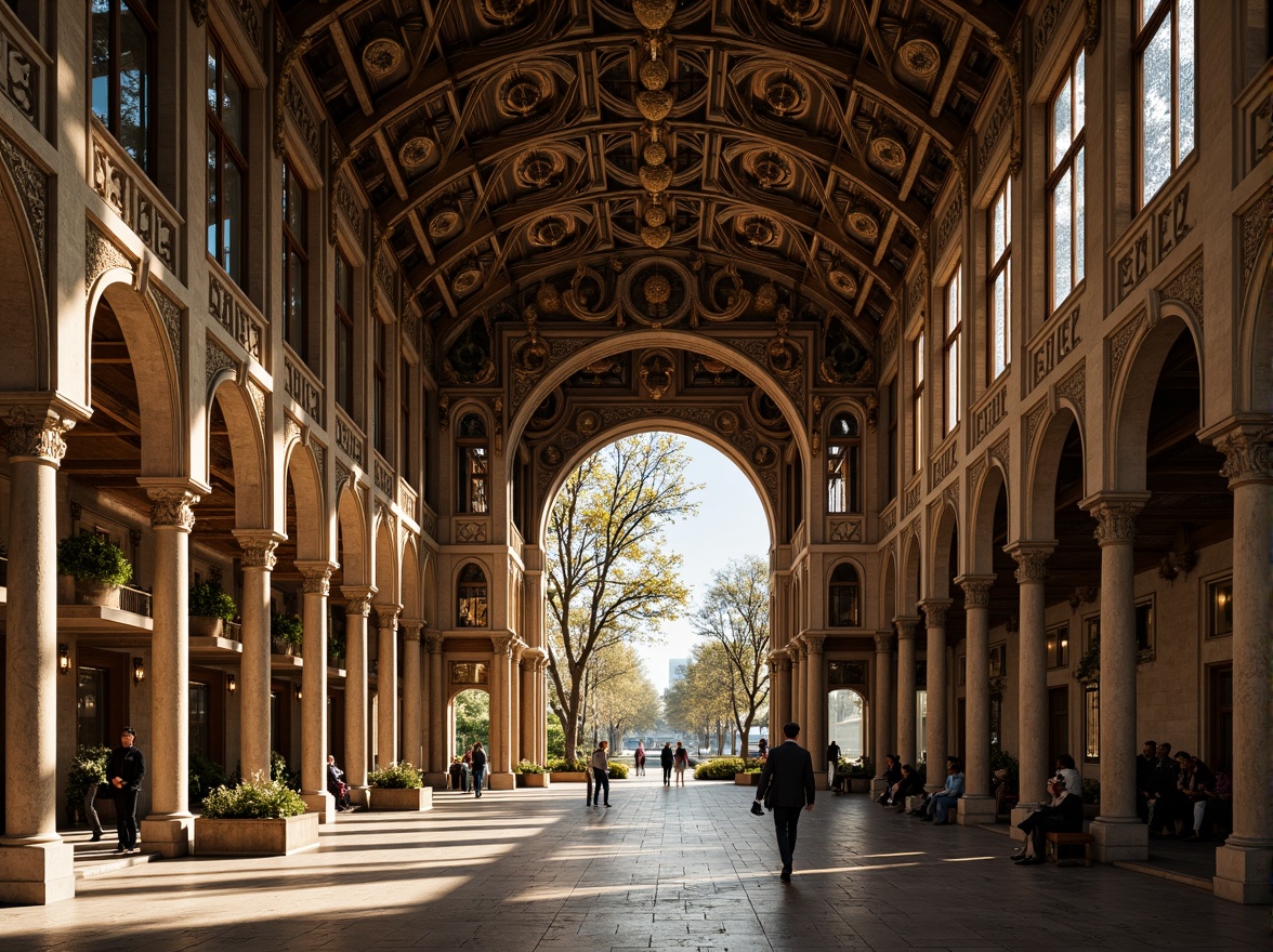 Prompt: Intricate stone carvings, ornate facades, grandiose entranceways, ribbed vaulted ceilings, stained glass windows, pointed arches, slender columns, flowing organic lines, botanical motifs, sinuous curves, golden accents, warm soft lighting, dramatic shadows, high contrast ratios, 1/2 composition, symmetrical framing, rich textures, ambient occlusion.