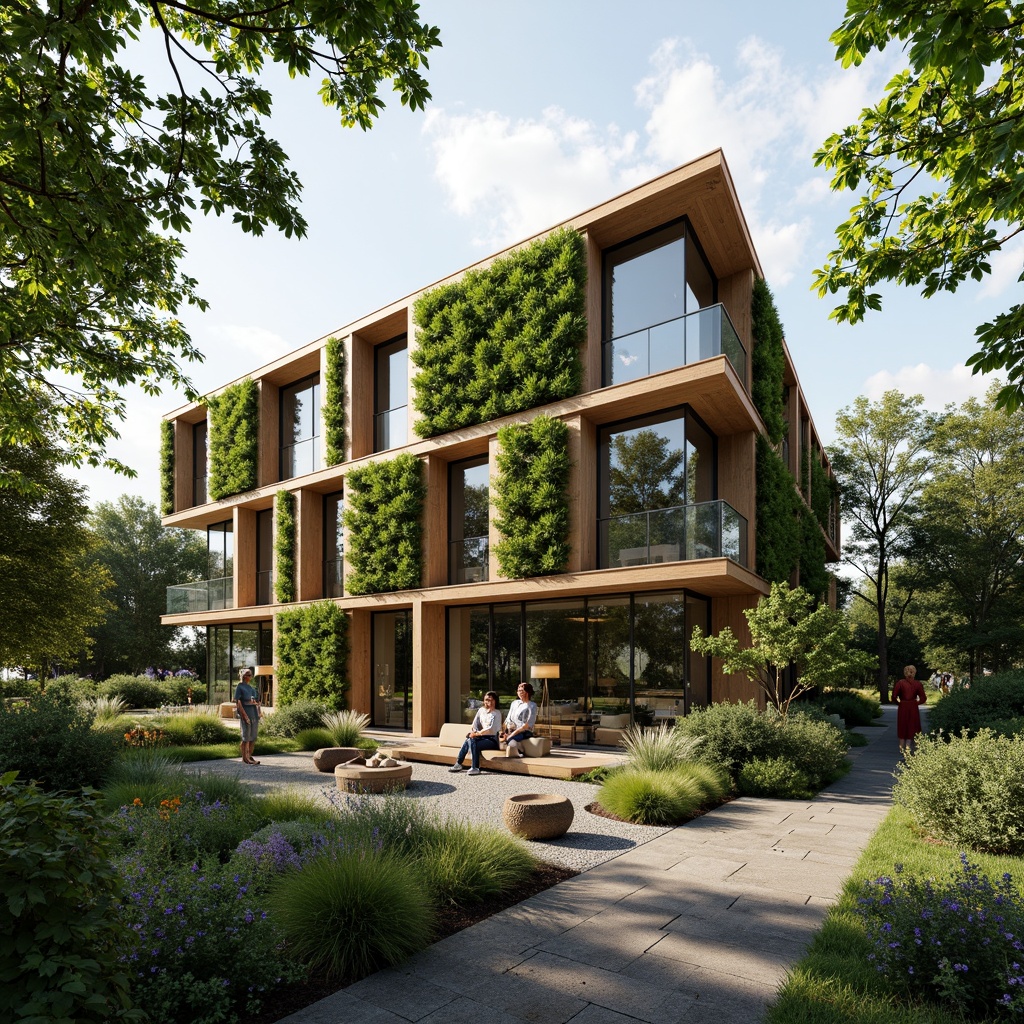 Prompt: Eco-friendly building, reclaimed wood accents, living green walls, solar panels, wind turbines, rainwater harvesting systems, low-carbon concrete, recycled metal structures, bamboo flooring, natural fiber textiles, energy-efficient glazing, double-glazed windows, thermal massing, passive ventilation, organic shapes, earthy color palette, lush vegetation, serene atmosphere, soft natural lighting, shallow depth of field, 3/4 composition, realistic textures, ambient occlusion.