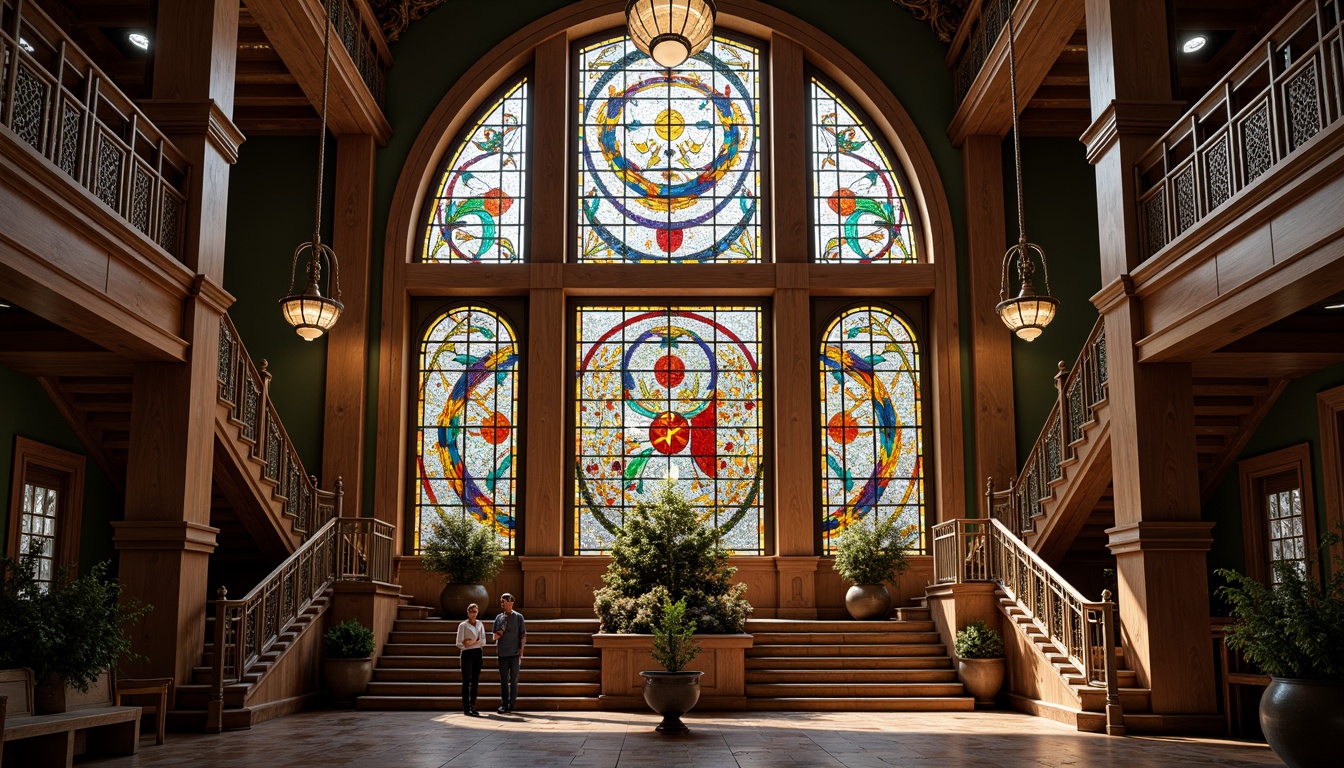 Prompt: Intricate stained glass windows, ornate metal frames, flowing organic patterns, vibrant colorful hues, Art Nouveau architectural style, historic school buildings, grand entrance halls, sweeping staircases, decorative banisters, ornamental railings, richly textured walls, luxurious wooden floors, elegant chandeliers, soft warm lighting, shallow depth of field, 1/1 composition, realistic textures, ambient occlusion.