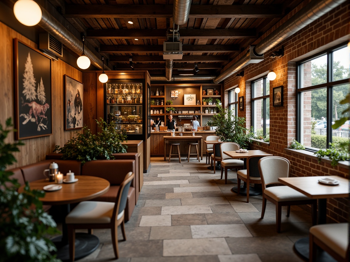 Prompt: Cozy coffee shop, warm wooden accents, rich brown tones, comfortable seating areas, rustic brick walls, industrial metal beams, reclaimed wood tables, soft cushioned chairs, natural stone flooring, earthy color palette, warm lighting ambiance, shallow depth of field, 3/4 composition, realistic textures, ambient occlusion.