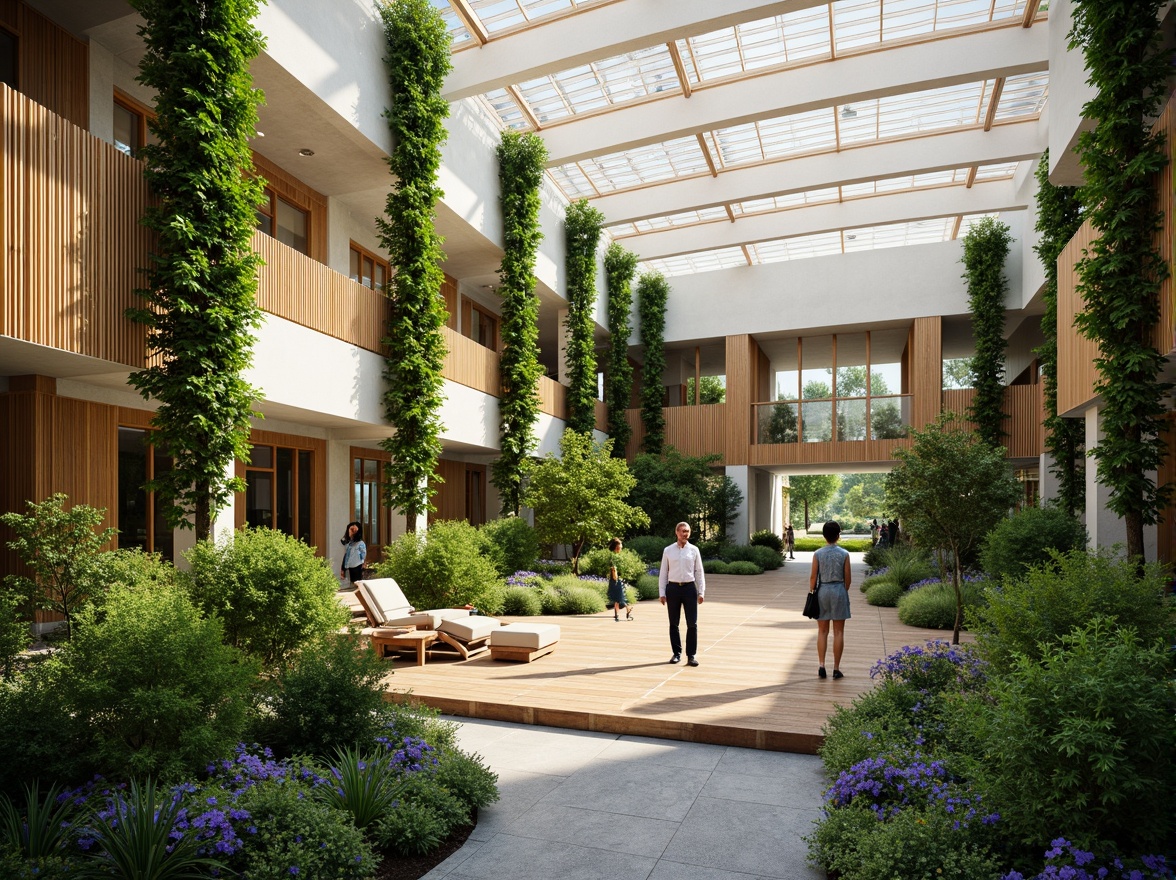 Prompt: Vibrant atrium, lush greenery, natural stone walls, wooden accents, floor-to-ceiling windows, clerestory windows, skylights, solar tubes, reflective surfaces, minimalist interior design, open-plan layout, airy atmosphere, warm sunny day, soft diffused lighting, shallow depth of field, 1/1 composition, panoramic view, realistic textures, ambient occlusion.