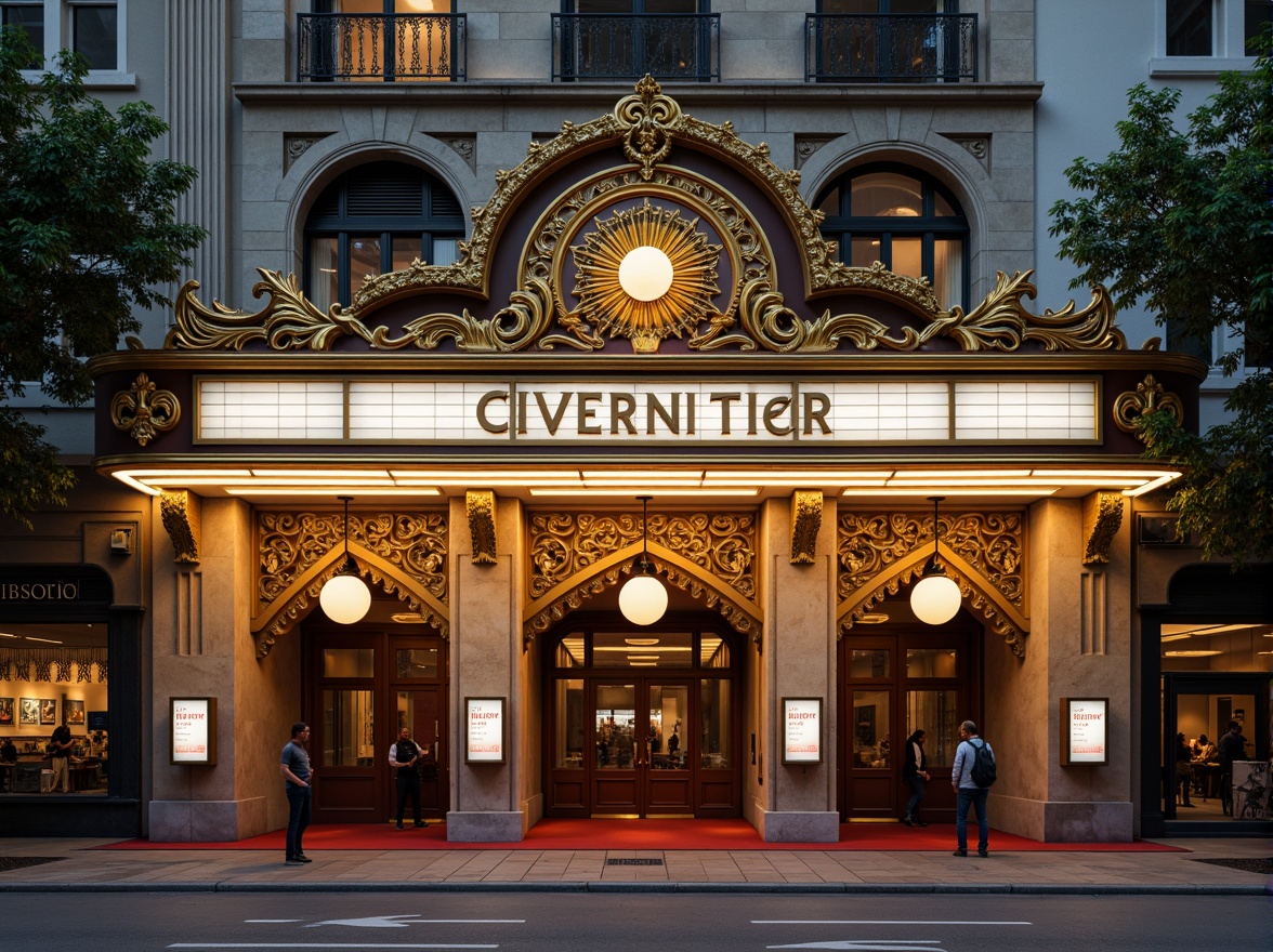 Prompt: Ornate cinema facade, vintage signage, decorative cornices, grand entranceways, red carpeting, golden accents, intricate moldings, ornamental columns, cinematic lighting, warm color palette, nostalgic atmosphere, urban cityscape, bustling streets, evening ambiance, soft focus, shallow depth of field, 1/2 composition, cinematic framing, realistic textures, ambient occlusion.