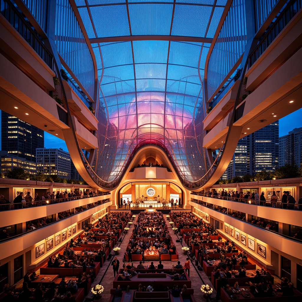 Prompt: Vibrant concert hall, dynamic LED lighting, undulating curves, translucent glass panels, metallic mesh fa\u00e7ade, parametric architecture, futuristic design, urban cityscape, evening atmosphere, warm golden lighting, shallow depth of field, 1/1 composition, symmetrical view, realistic reflections, ambient occlusion, luxurious interior, plush seating, grand chandeliers, ornate details, rich wood tones, velvet curtains.