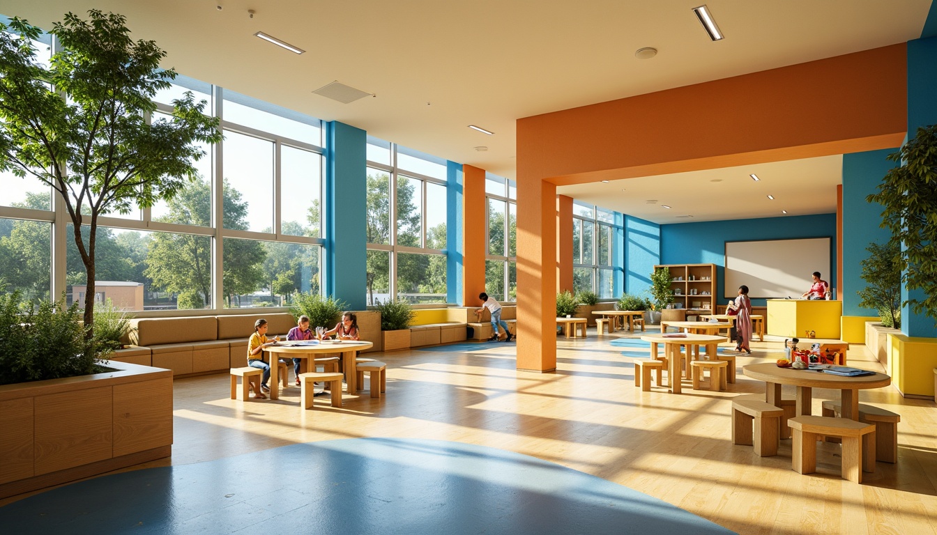 Prompt: Vibrant elementary school, playful color scheme, warm beige walls, bright blue accents, energetic yellow furniture, stimulating greenery, interactive whiteboards, collaborative learning spaces, natural light pouring in, softbox lighting, shallow depth of field, 3/4 composition, panoramic view, realistic textures, ambient occlusion.