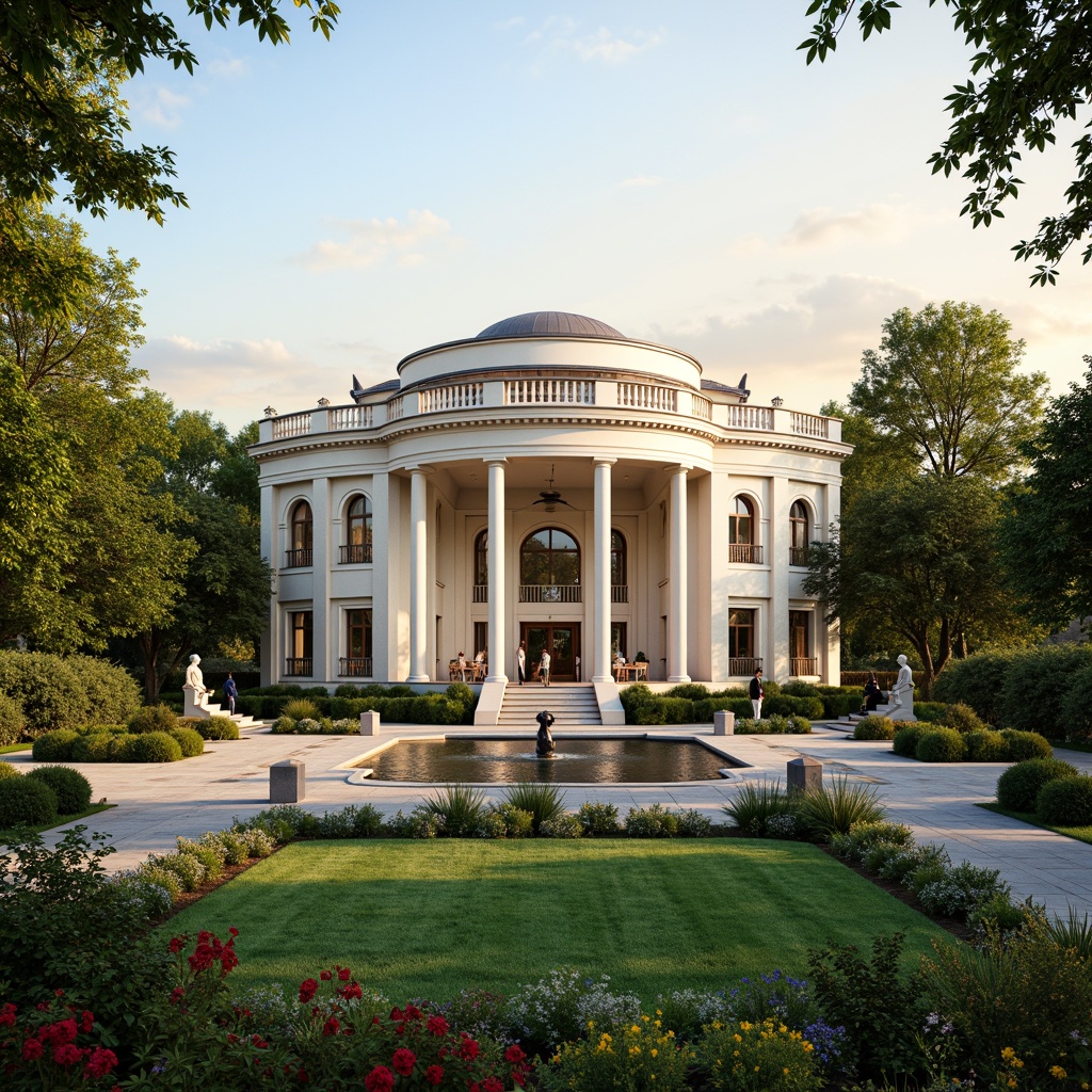 Prompt: Elegant concert house, neoclassical architecture, grand entrance, ornate columns, symmetrical facade, manicured lawns, vibrant flower beds, sculpted hedges, meandering walkways, natural stone pathways, classical statues, tranquil ponds, serene fountains, lush greenery, warm golden lighting, shallow depth of field, 3/4 composition, panoramic view, realistic textures, ambient occlusion.